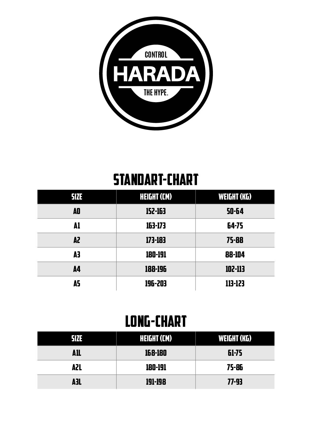 Size Chart Adult Harada Brand